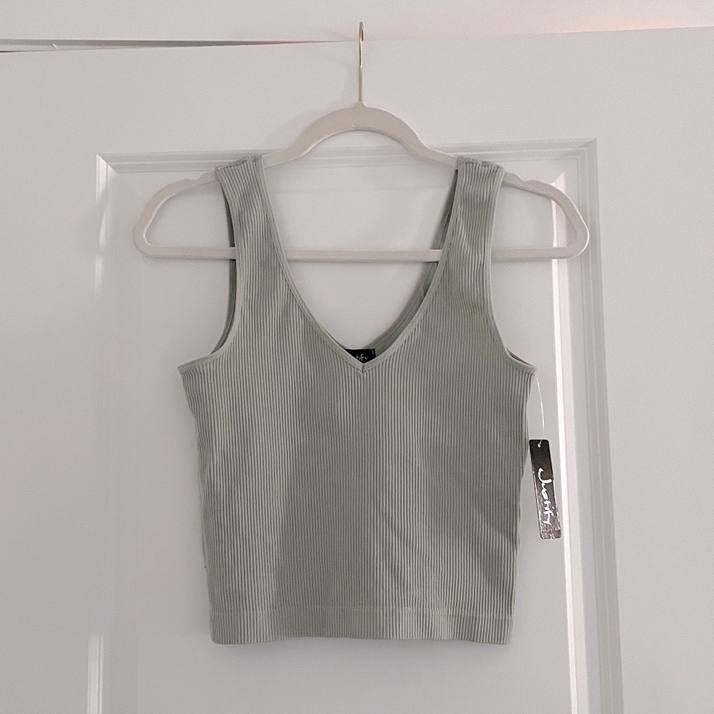 Justify Ribbed Nylon Vneck Crop Tank Sage Green Top